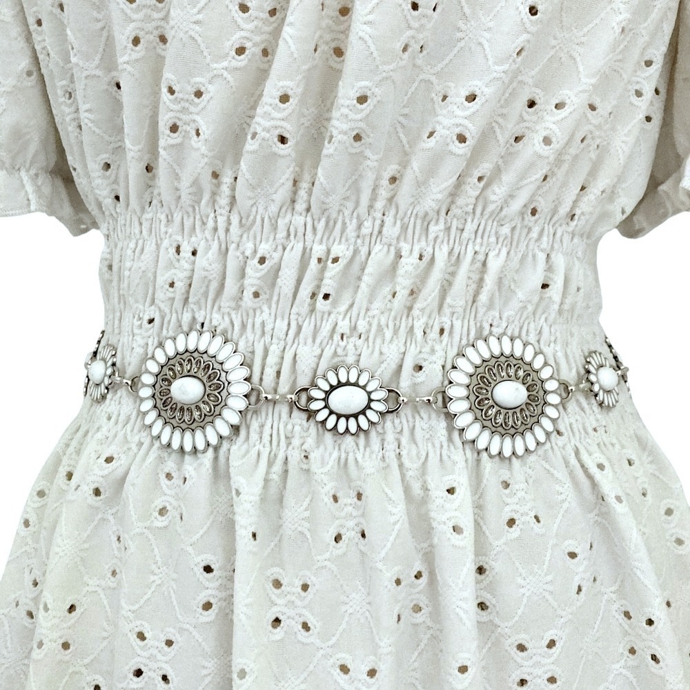 Western Chain metal boho waist Belt Silver floral Beaded Chunky medallion Fairy